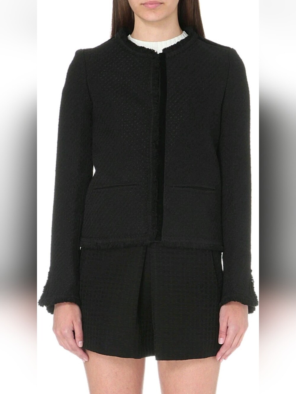Maje Vala fringe jacket, NWT black boucle/velvet trim, size 36 Retail $595